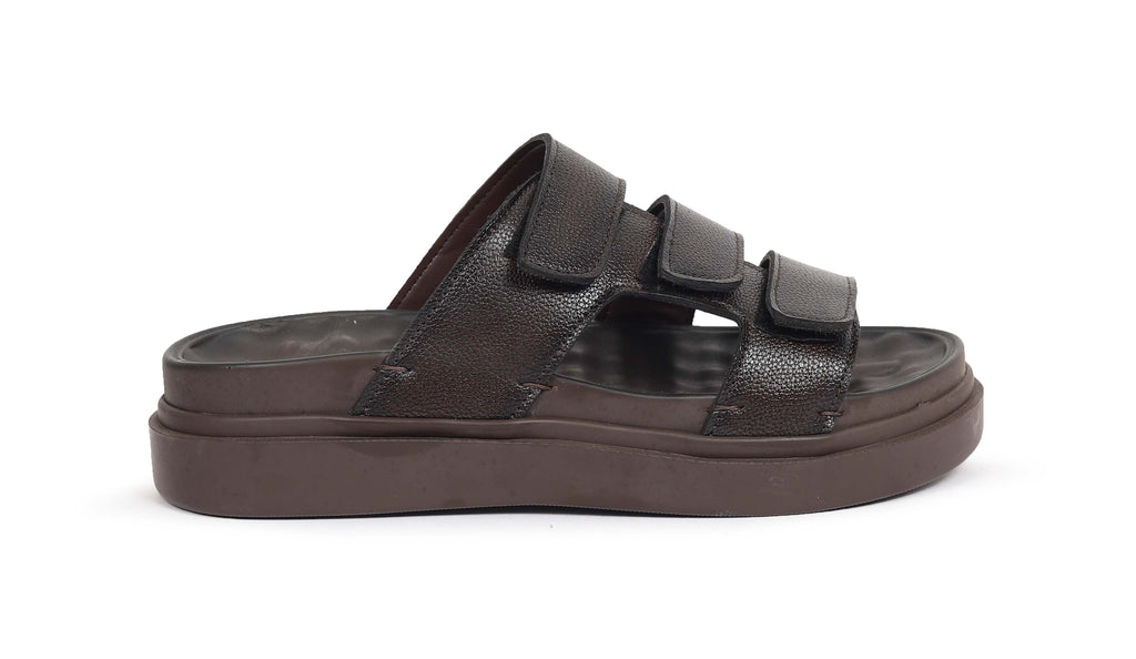 Men’s Dark Brown Triple Strap Comfort Sandals – Adjustable Fit & Cushioned Sole