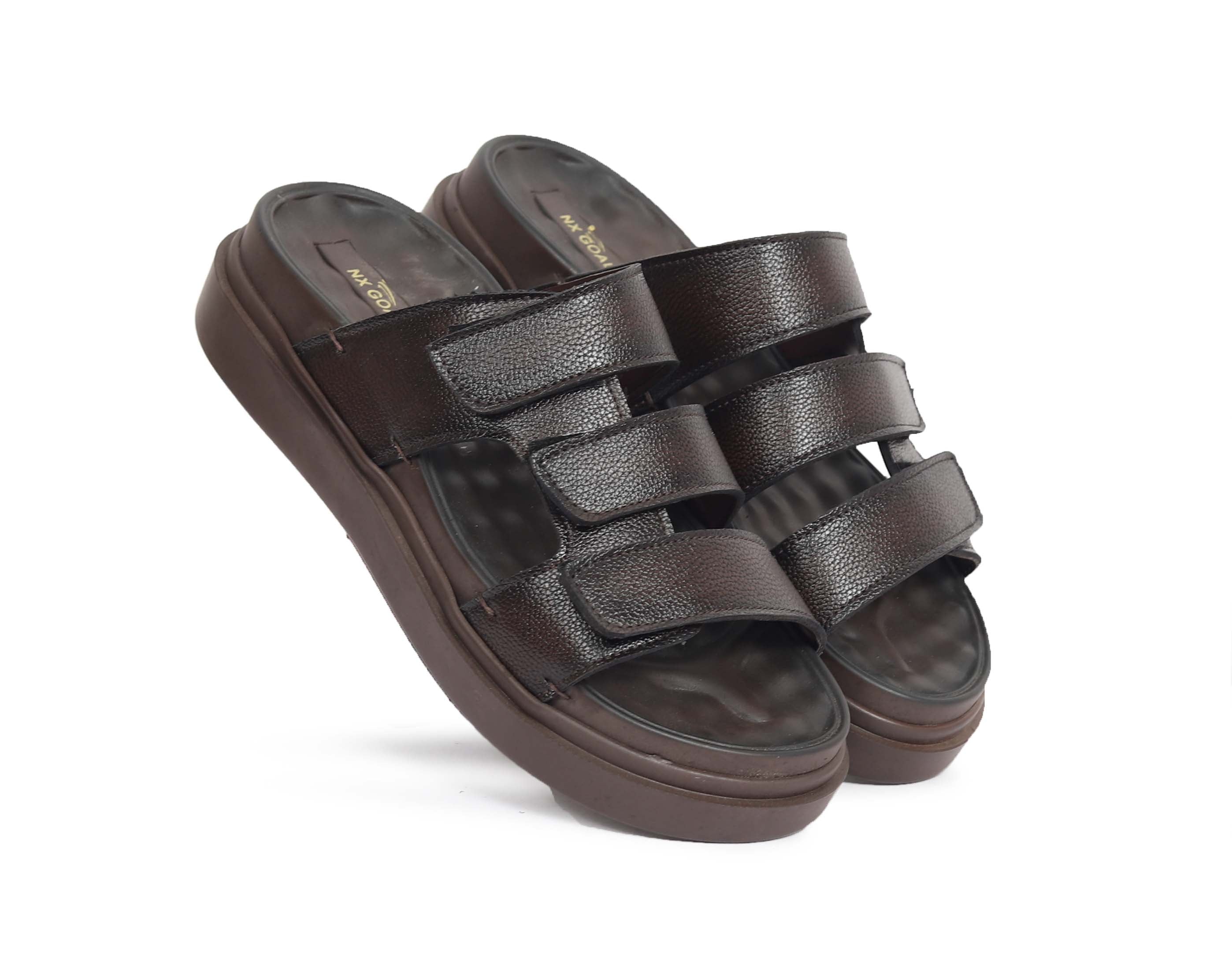 Men’s Dark Brown Triple Strap Comfort Sandals – Adjustable Fit & Cushioned Sole