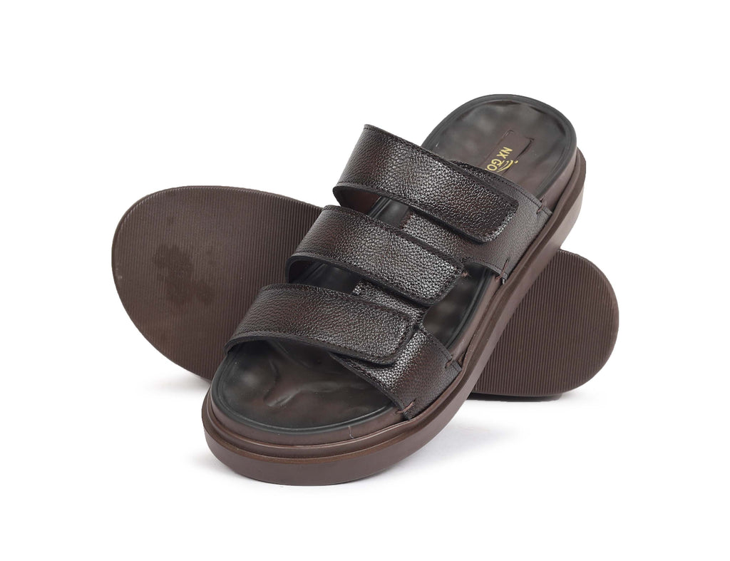 Men’s Dark Brown Triple Strap Comfort Sandals – Adjustable Fit & Cushioned Sole