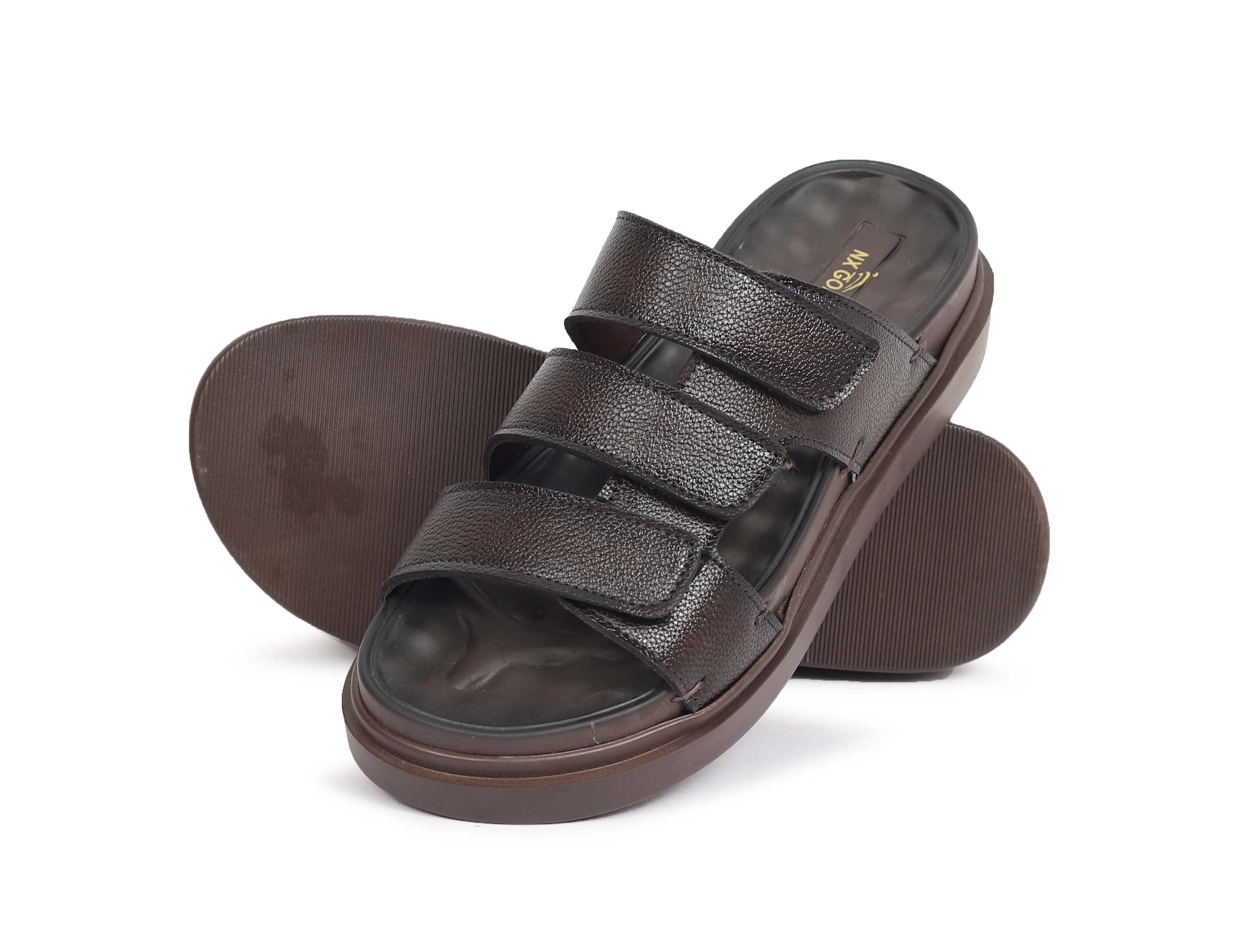 Men’s Dark Brown Triple Strap Comfort Sandals – Adjustable Fit & Cushioned Sole