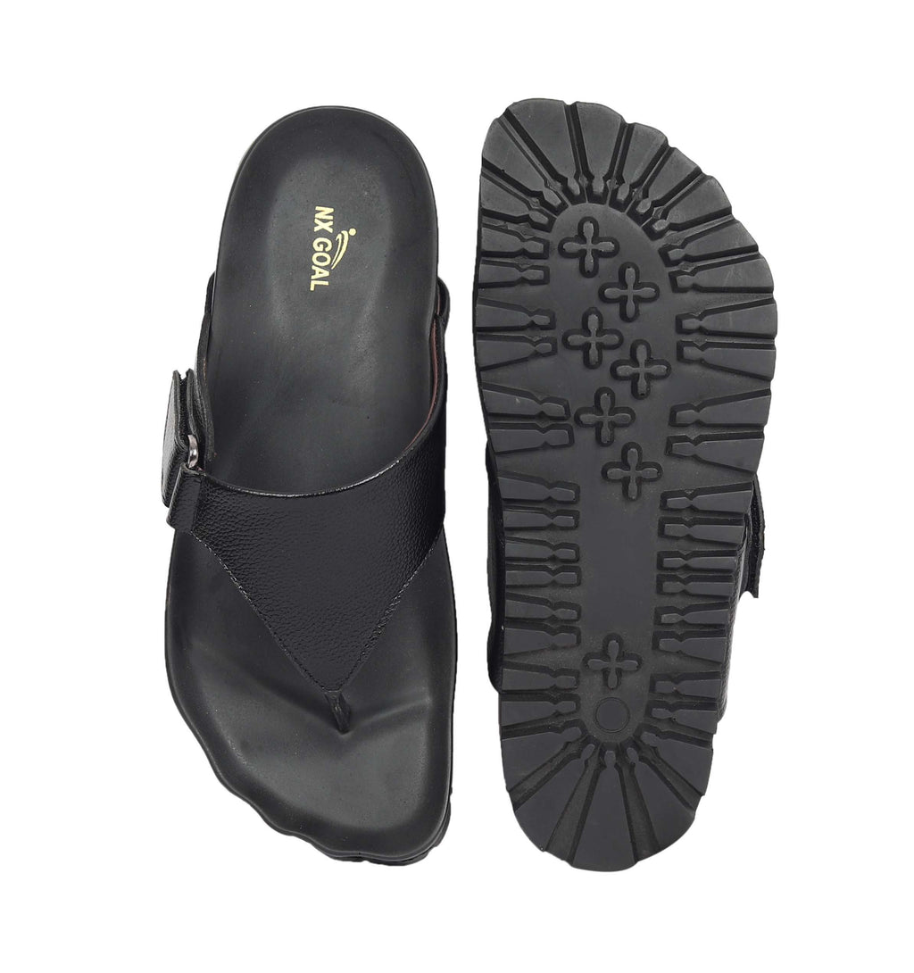 Black handcrafted leather flip-flops for men – cushioned footbed, durable anti-slip sole – NxGoal
