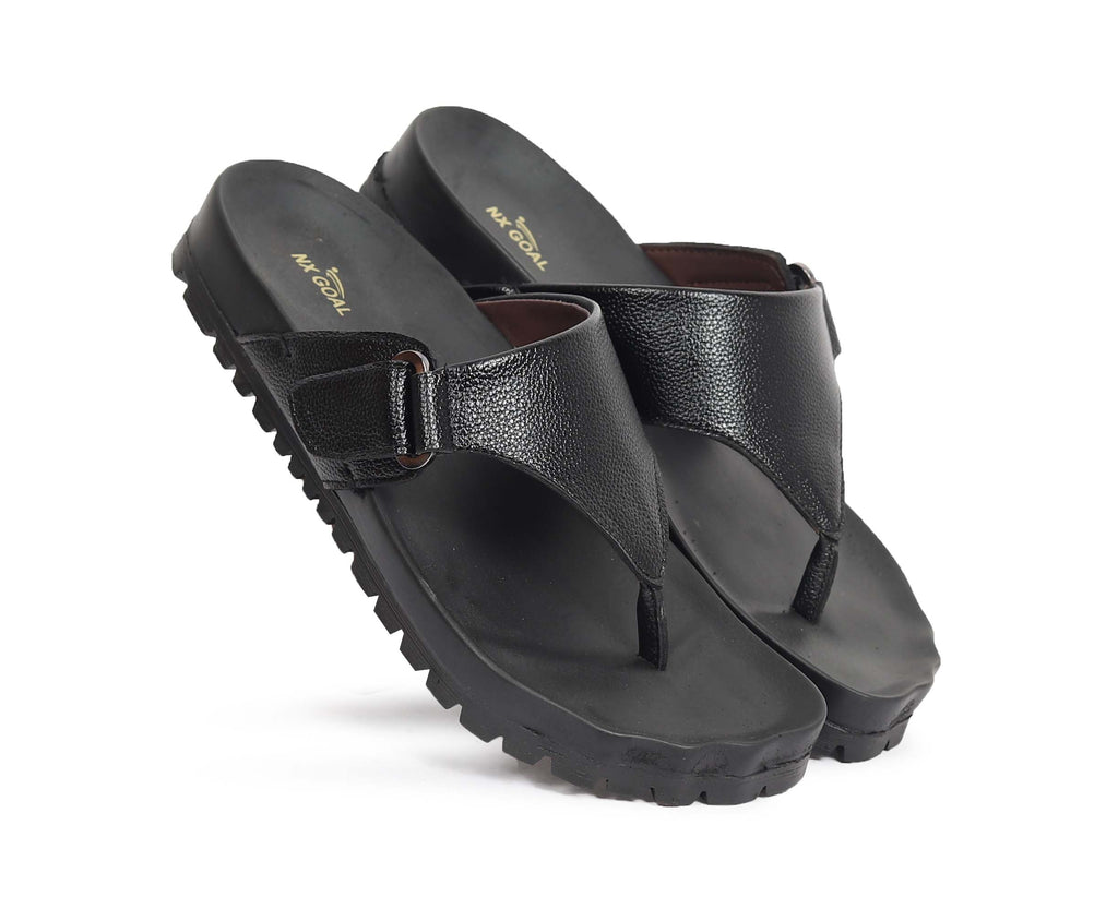 Black handcrafted leather flip-flops for men – cushioned footbed, durable anti-slip sole – NxGoal