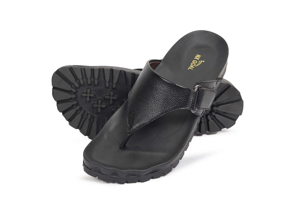 Men's black leather flip-flops with adjustable strap and anti-skid cushioned sole – NxGoal India