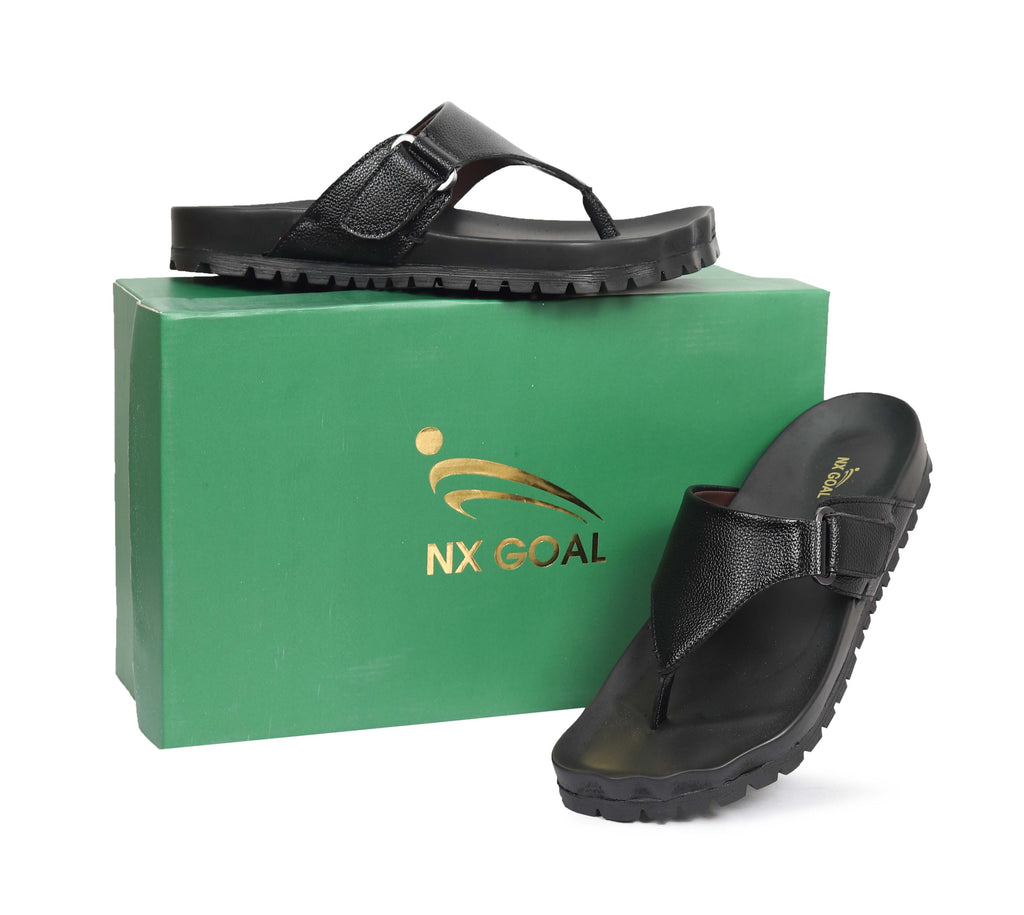 Black handcrafted leather flip-flops for men – cushioned footbed, durable anti-slip sole – NxGoal