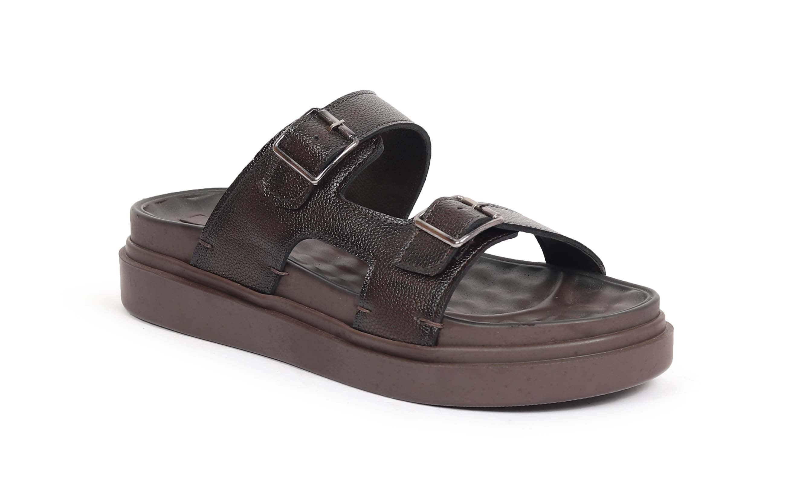 Men’s Dark Brown Double Buckle Comfort Sandals – Adjustable Straps & Cushioned Footbed