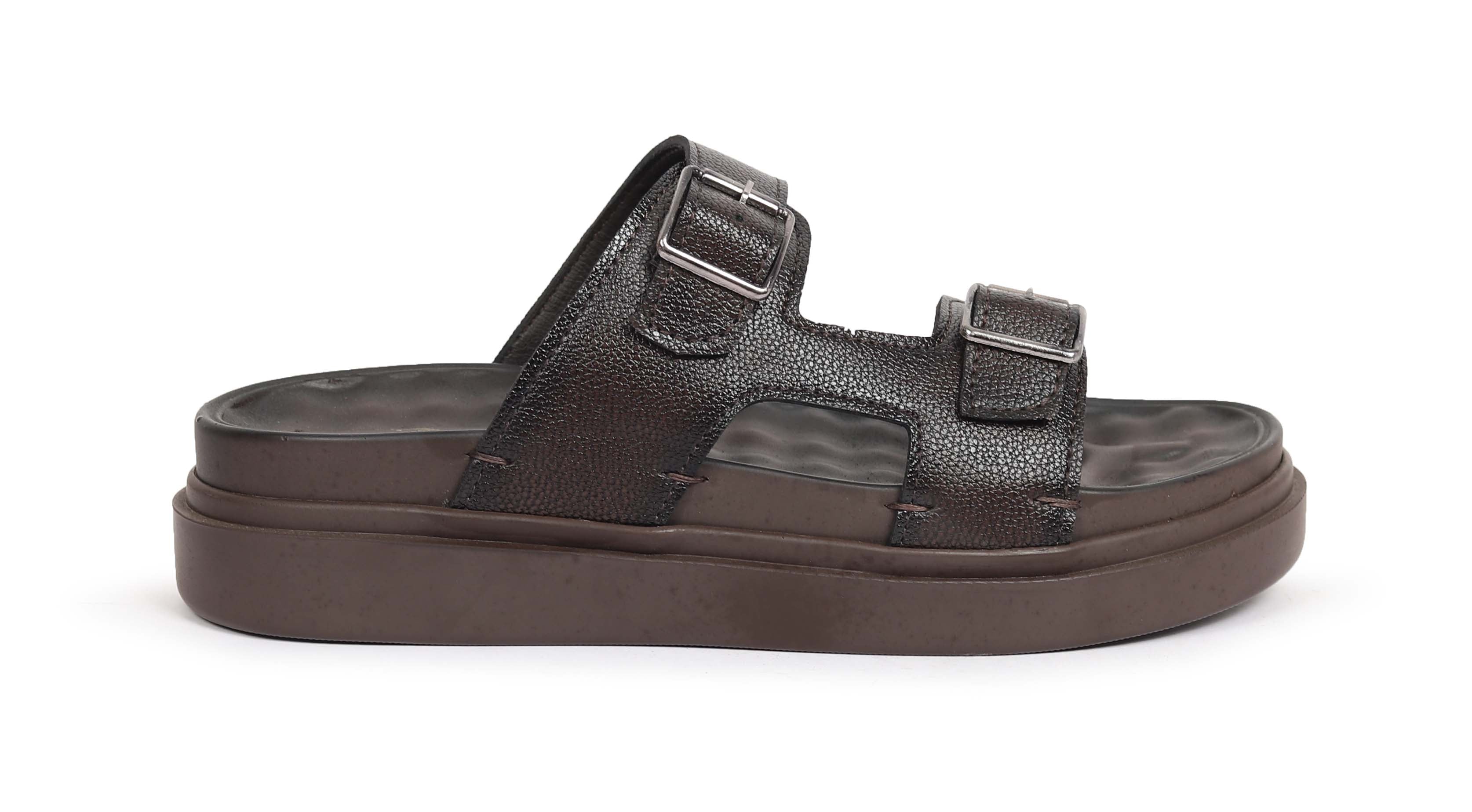Men’s Dark Brown Double Buckle Comfort Sandals – Adjustable Straps & Cushioned Footbed