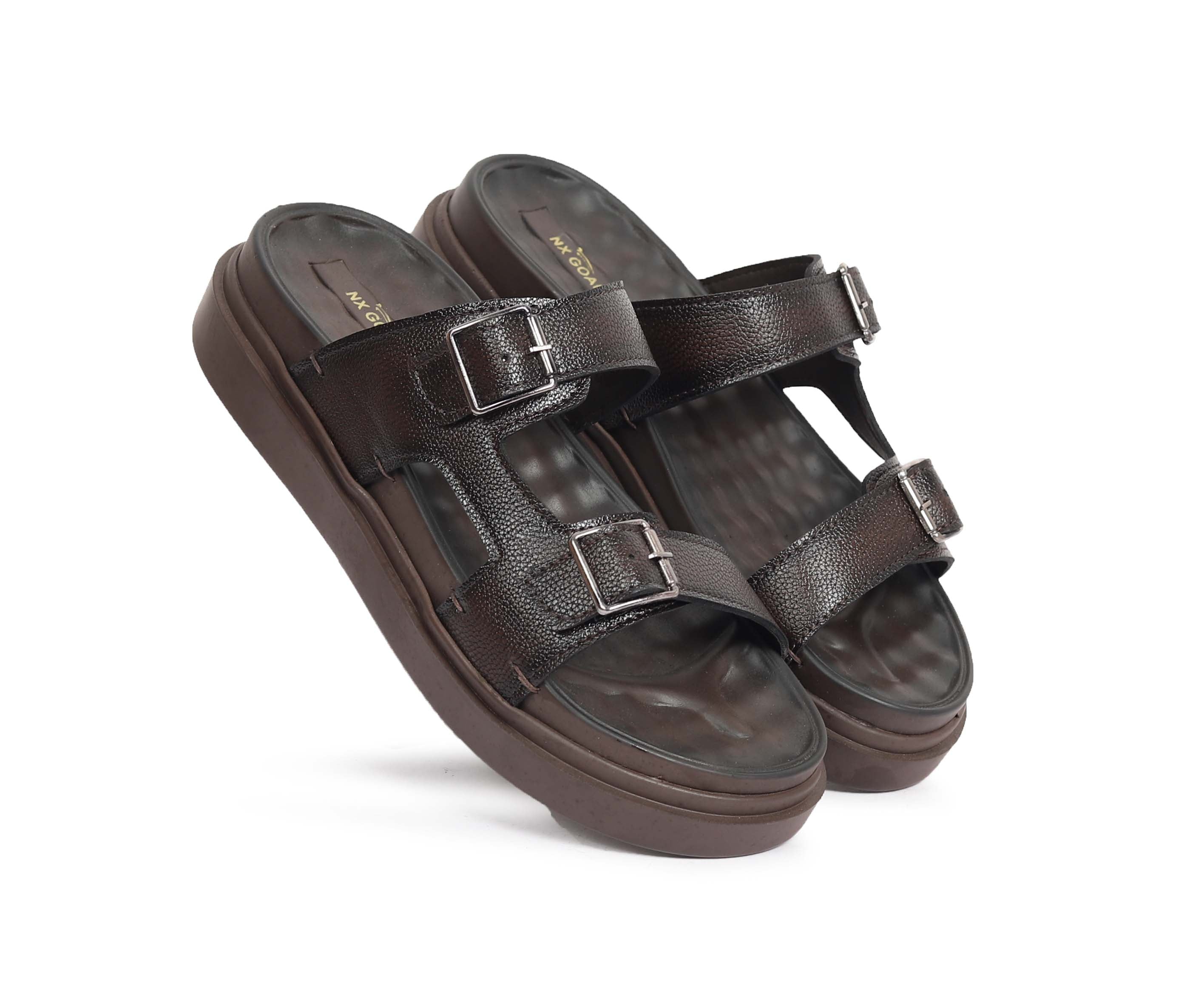 Men’s Dark Brown Double Buckle Comfort Sandals – Adjustable Straps & Cushioned Footbed