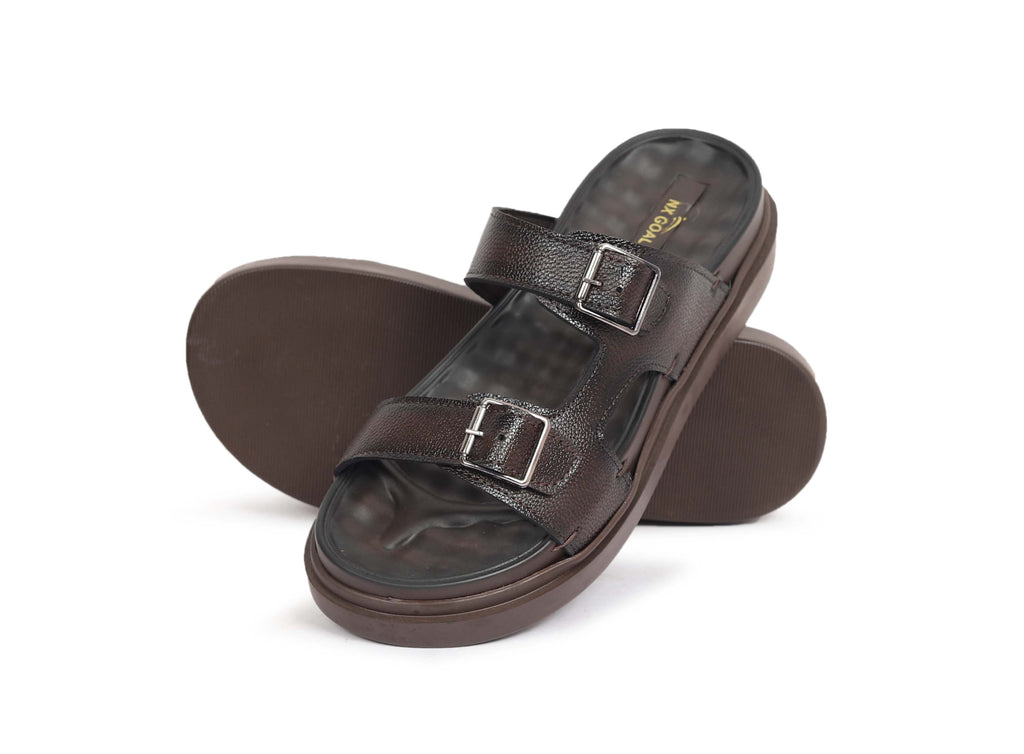 Men's dark brown leather double buckle sandals with adjustable straps and cushioned footbed – NxGoal India