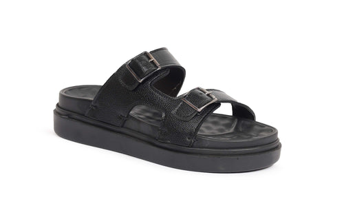 Men’s Black Double Buckle Comfort Sandals – Adjustable Straps & Cushioned Sole