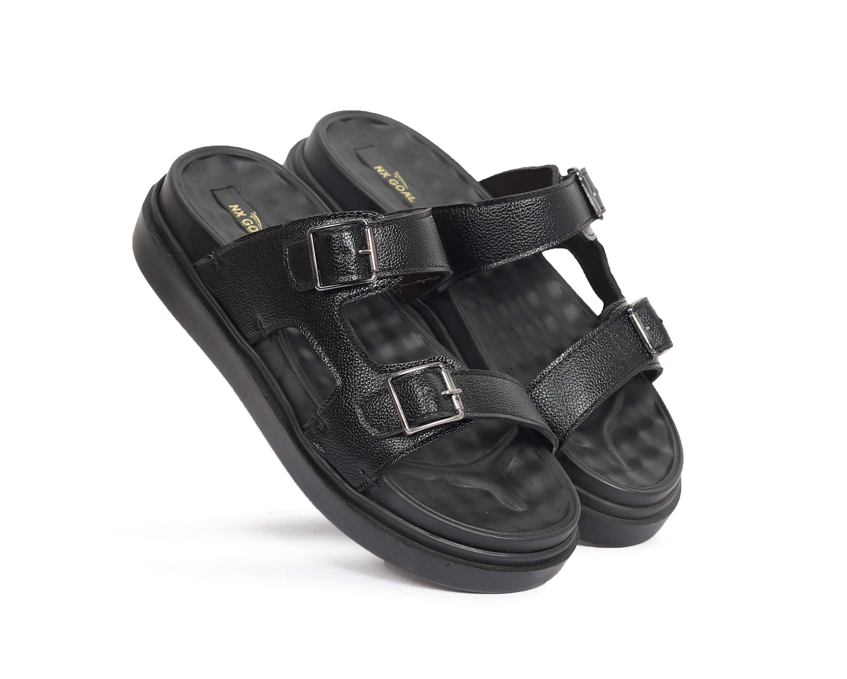 Men’s Black Double Buckle Comfort Sandals – Adjustable Straps & Cushioned Sole