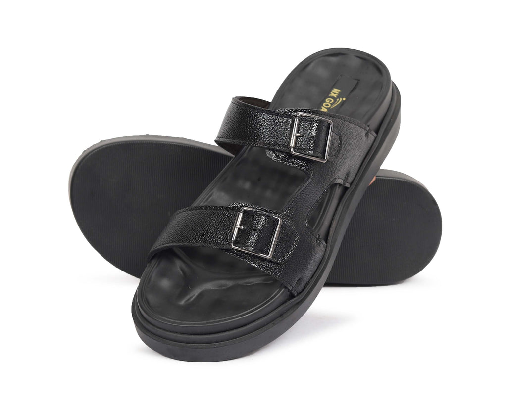 Men's black leather double buckle sandals with adjustable straps and cushioned sole – NxGoal India