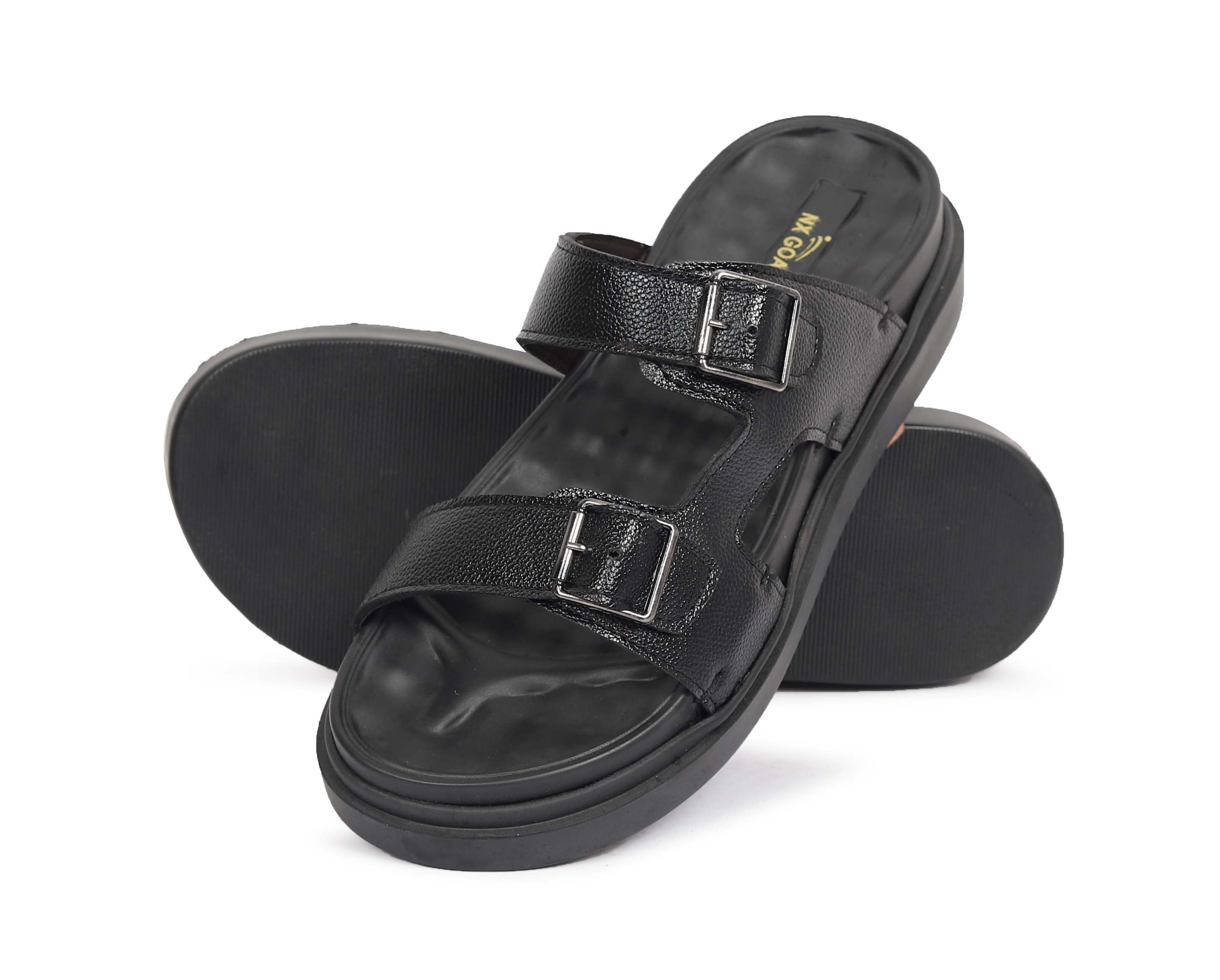 Men’s Black Double Buckle Comfort Sandals – Adjustable Straps & Cushioned Sole