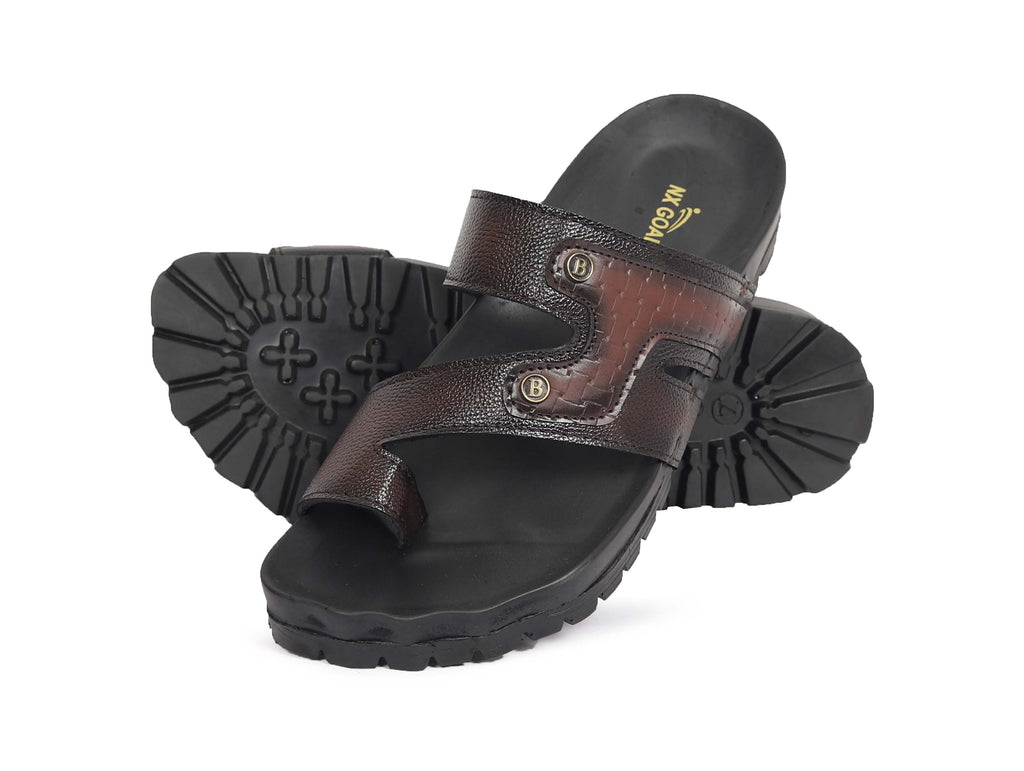 Men's dark brown leather dual strap sandals with cushioned footbed and heavy duty grip sole – NxGoal India