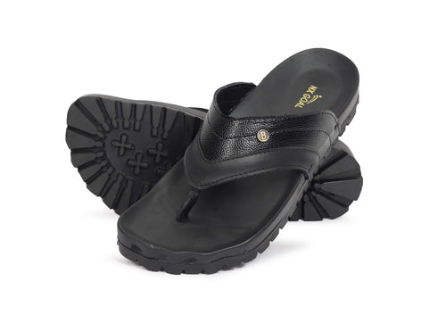 Men's premium black leather flip-flops with cushioned sole and textured strap – NxGoal India