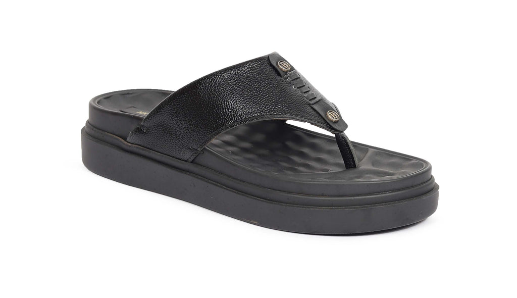 Black genuine leather toe-post sandals for men – anti-slip thick sole – NxGoal