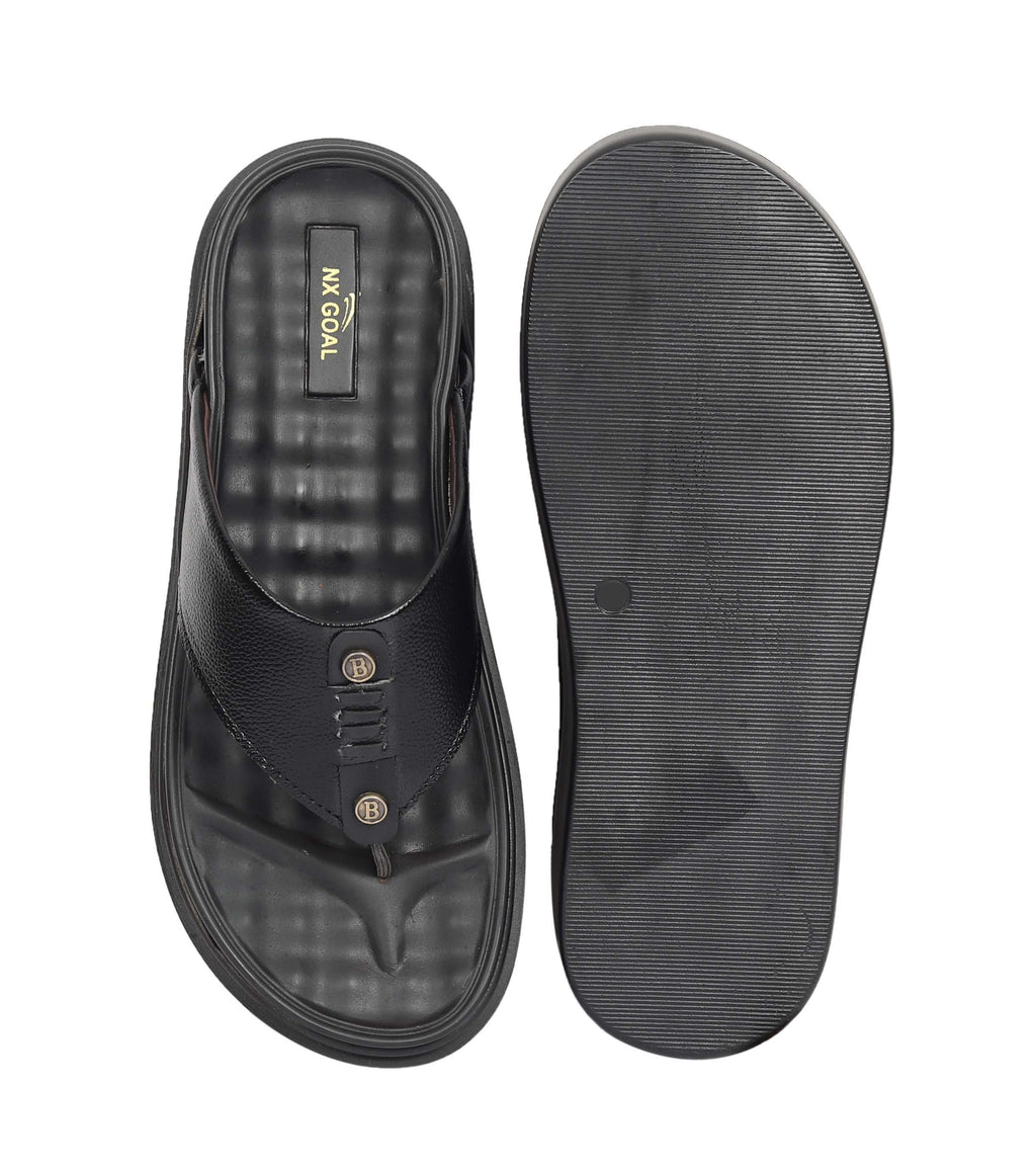 Black genuine leather toe-post sandals for men – anti-slip thick sole – NxGoal