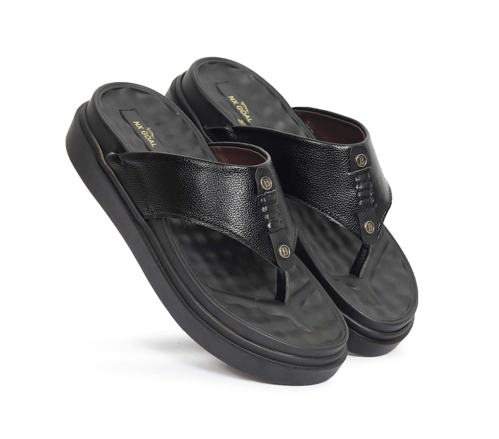 Black genuine leather toe-post sandals for men – anti-slip thick sole – NxGoal