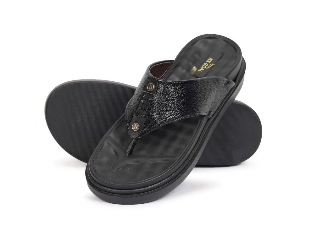 Men's black leather toe-post sandals with cushioned footbed and thick durable sole – NxGoal India