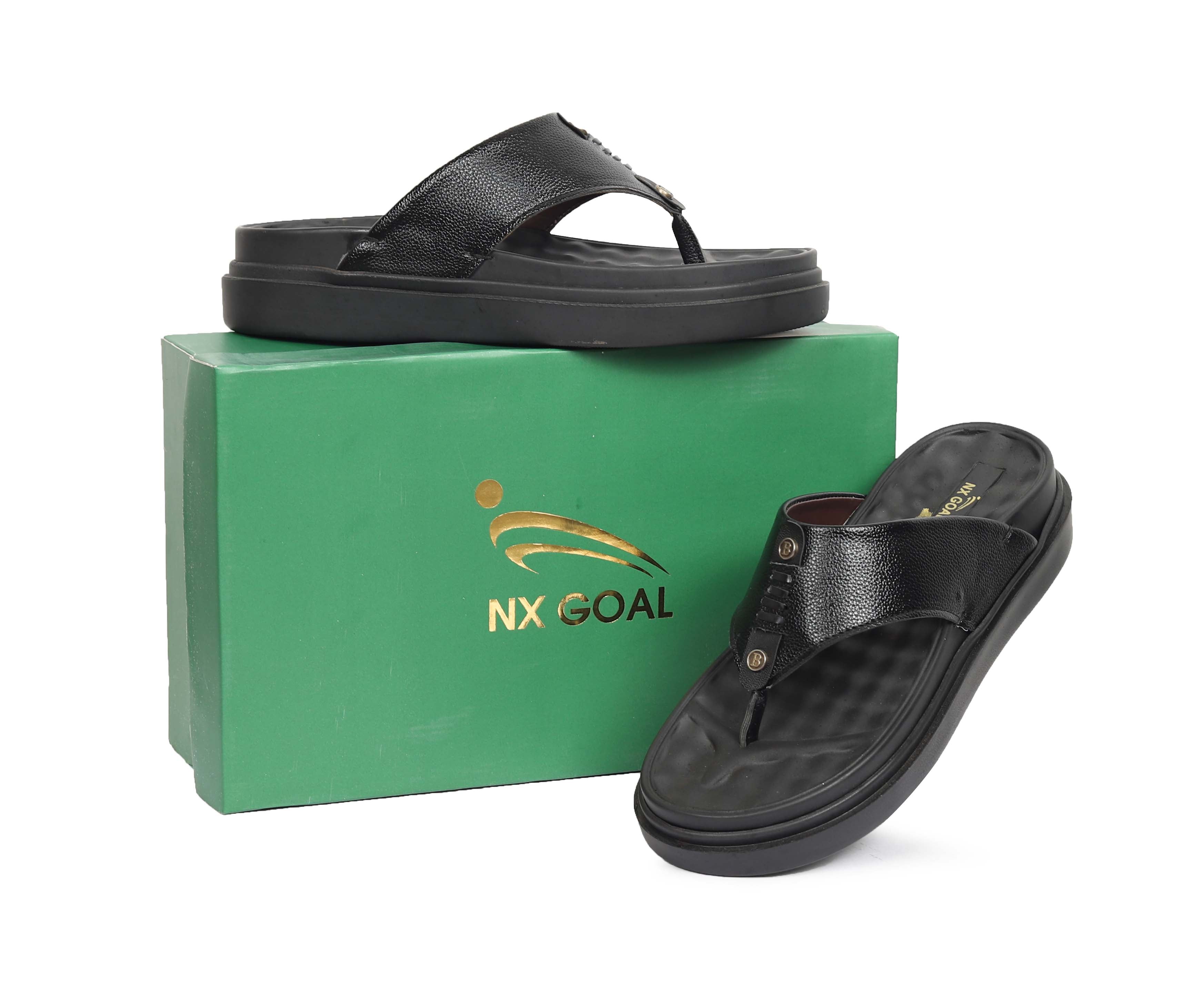 Black genuine leather toe-post sandals for men – anti-slip thick sole – NxGoal
