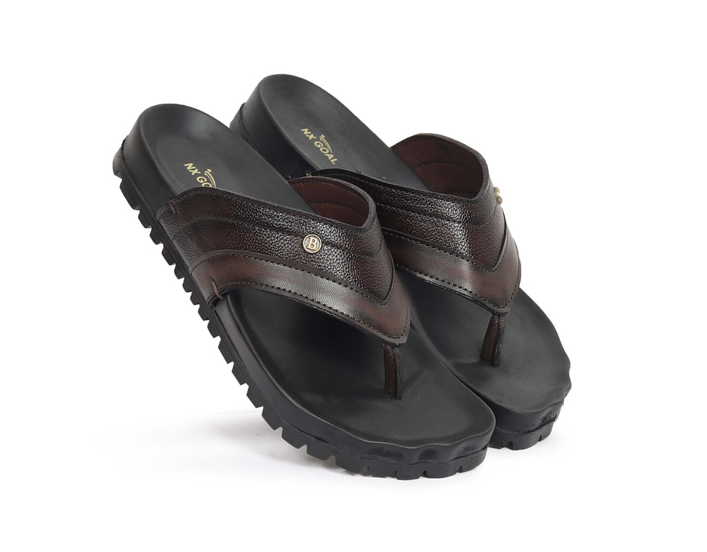 Dark brown genuine leather flip-flops for men – heavy grip anti-slip sole – NxGoal