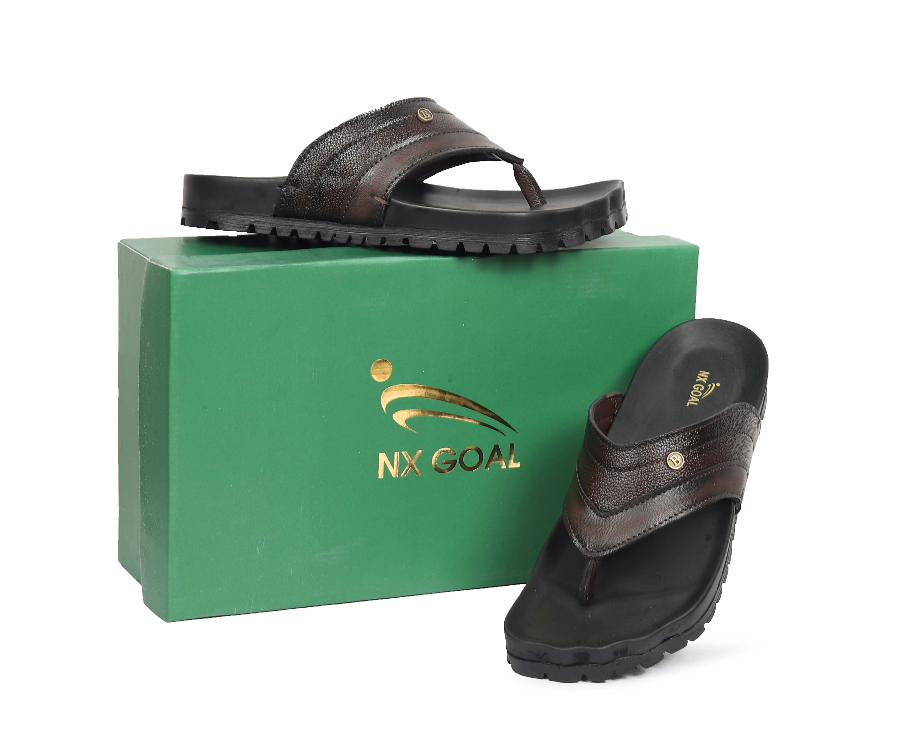 Dark brown genuine leather flip-flops for men – heavy grip anti-slip sole – NxGoal